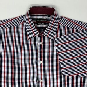 London Jeans Slim Fit Red White‎ Blue Stripe Short Sleeve Men's Shirt SIze Large